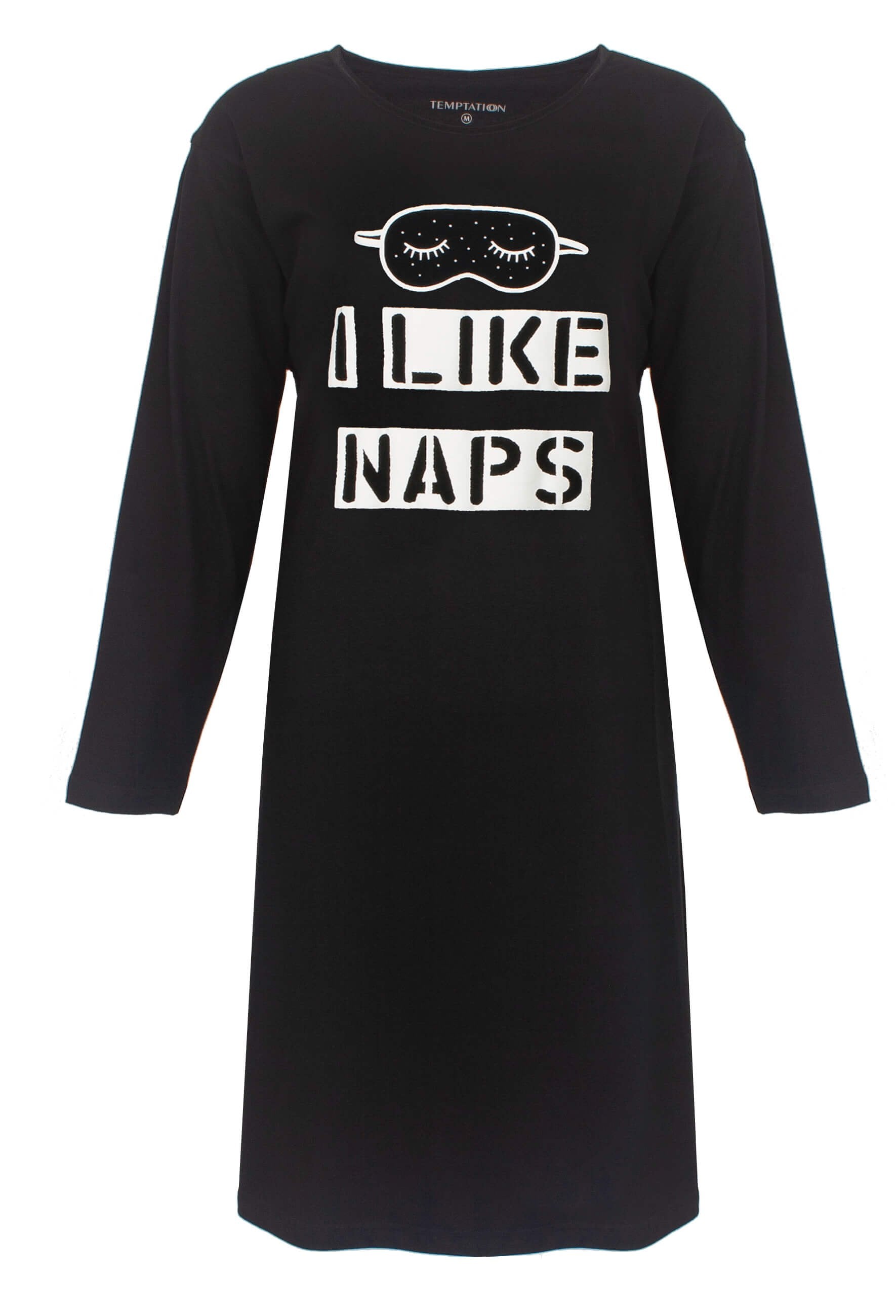 Zwart nachthemd met lange mouwen en opdruk 'I Like Naps' en slaapmasker illustratie op de voorkant