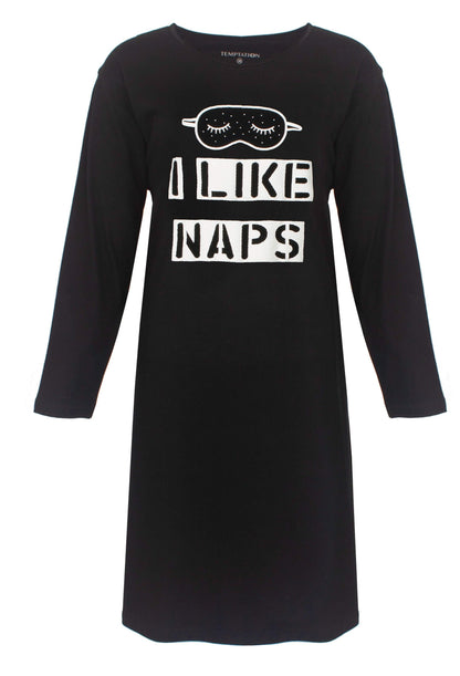 Zwart nachthemd met lange mouwen en opdruk 'I Like Naps' en slaapmasker illustratie op de voorkant