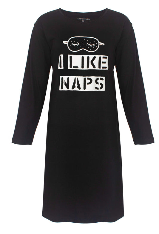 Zwart nachthemd met lange mouwen en opdruk 'I Like Naps' en slaapmasker illustratie op de voorkant