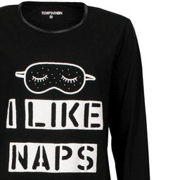 Zwart nachthemd met lange mouwen en witte opdruk 'I LIKE NAPS' en slaapmasker illustratie op de voorkant