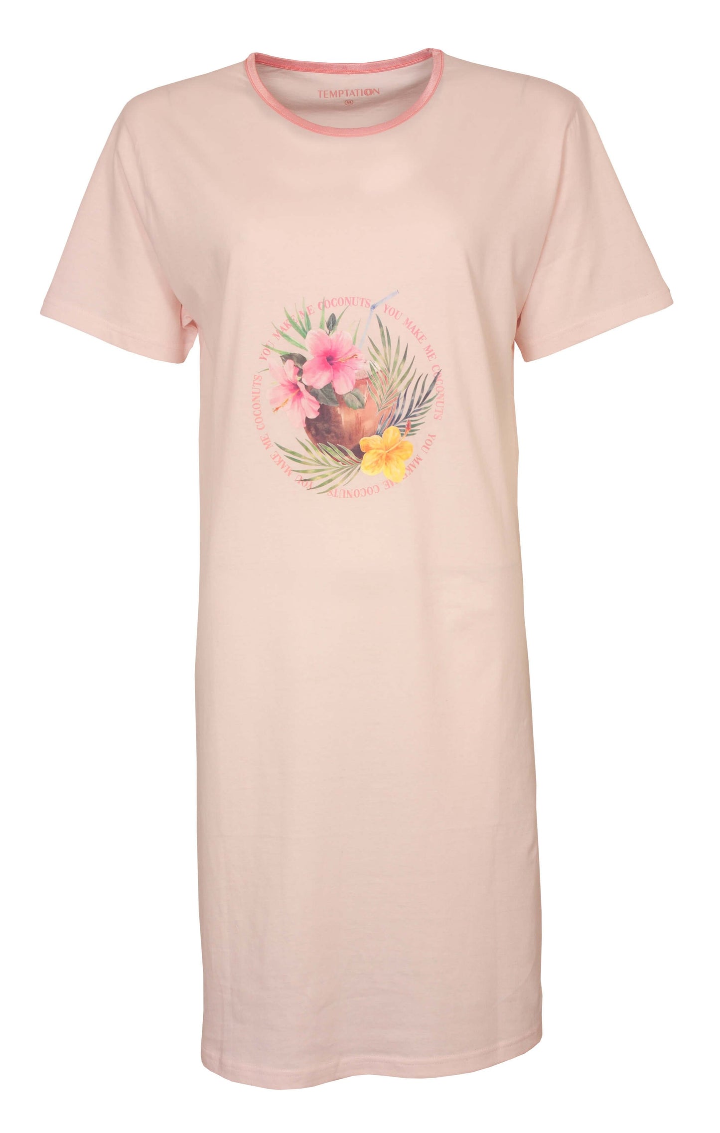 Roze nachthemd met korte mouwen en tropische bloemenprint op de voorkant, gemaakt van 100% katoen.