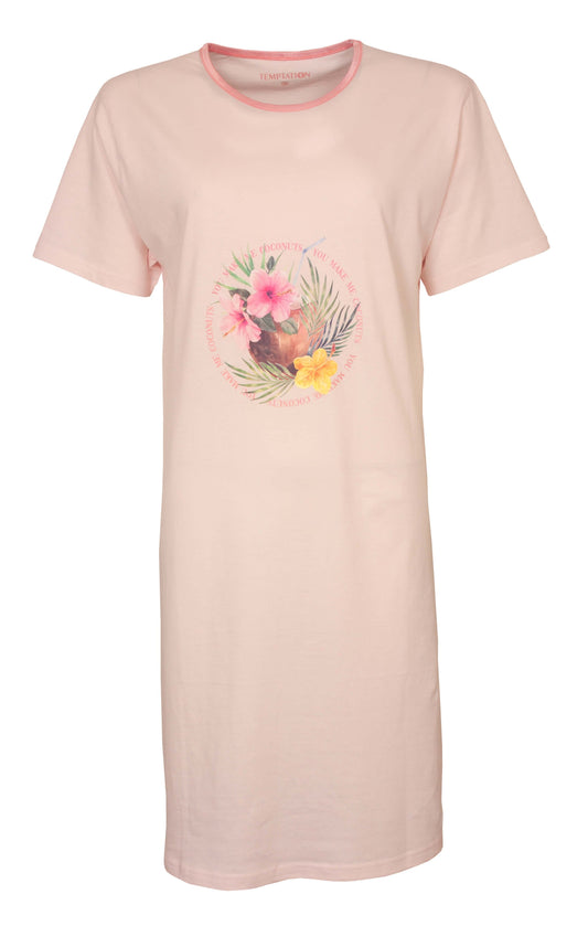 Roze nachthemd met korte mouwen en tropische bloemenprint op de voorkant, gemaakt van 100% katoen.
