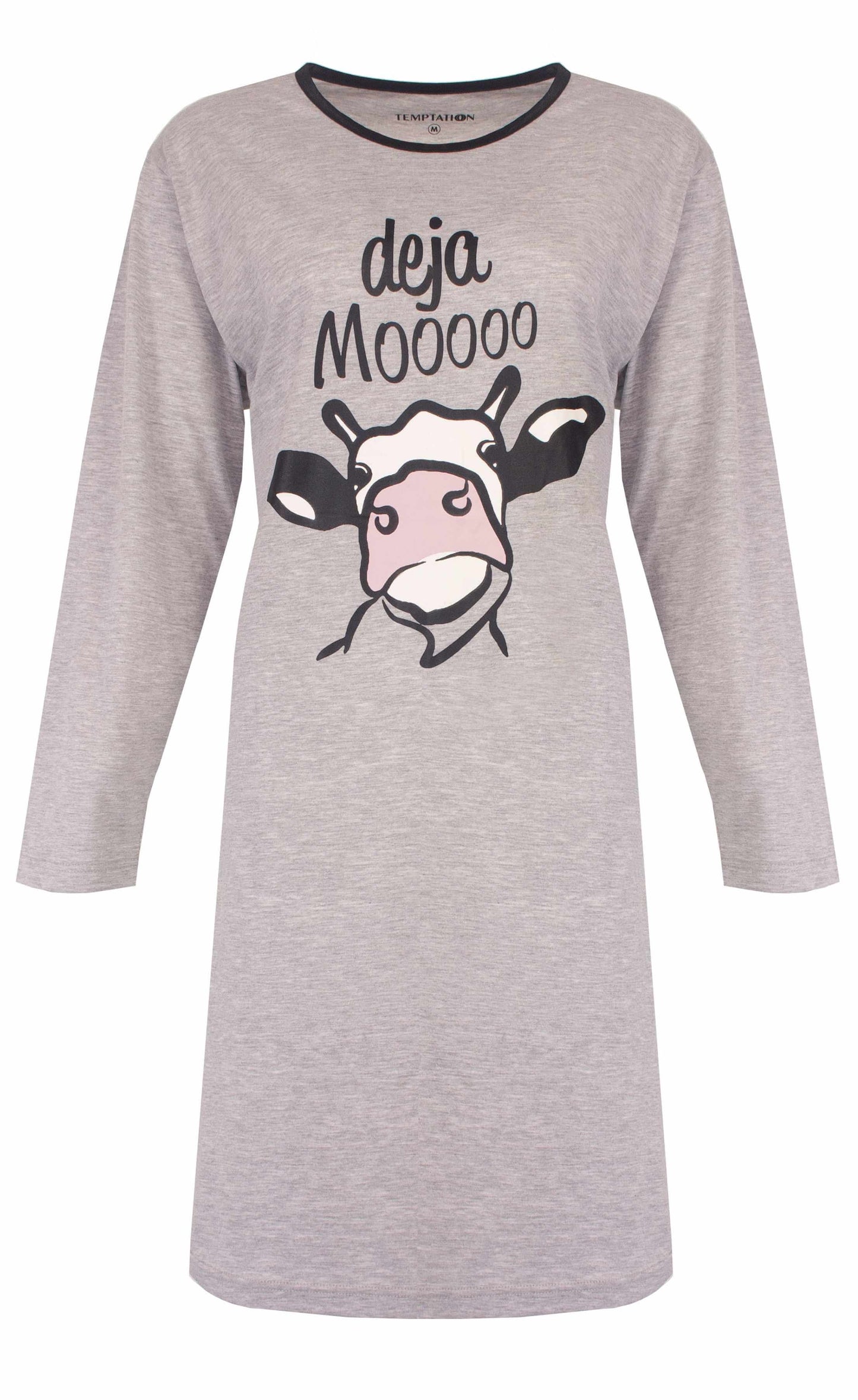 Grijs melange nachthemd met lange mouwen, koeienprint en tekst 'deja Mooooo' op de voorkant