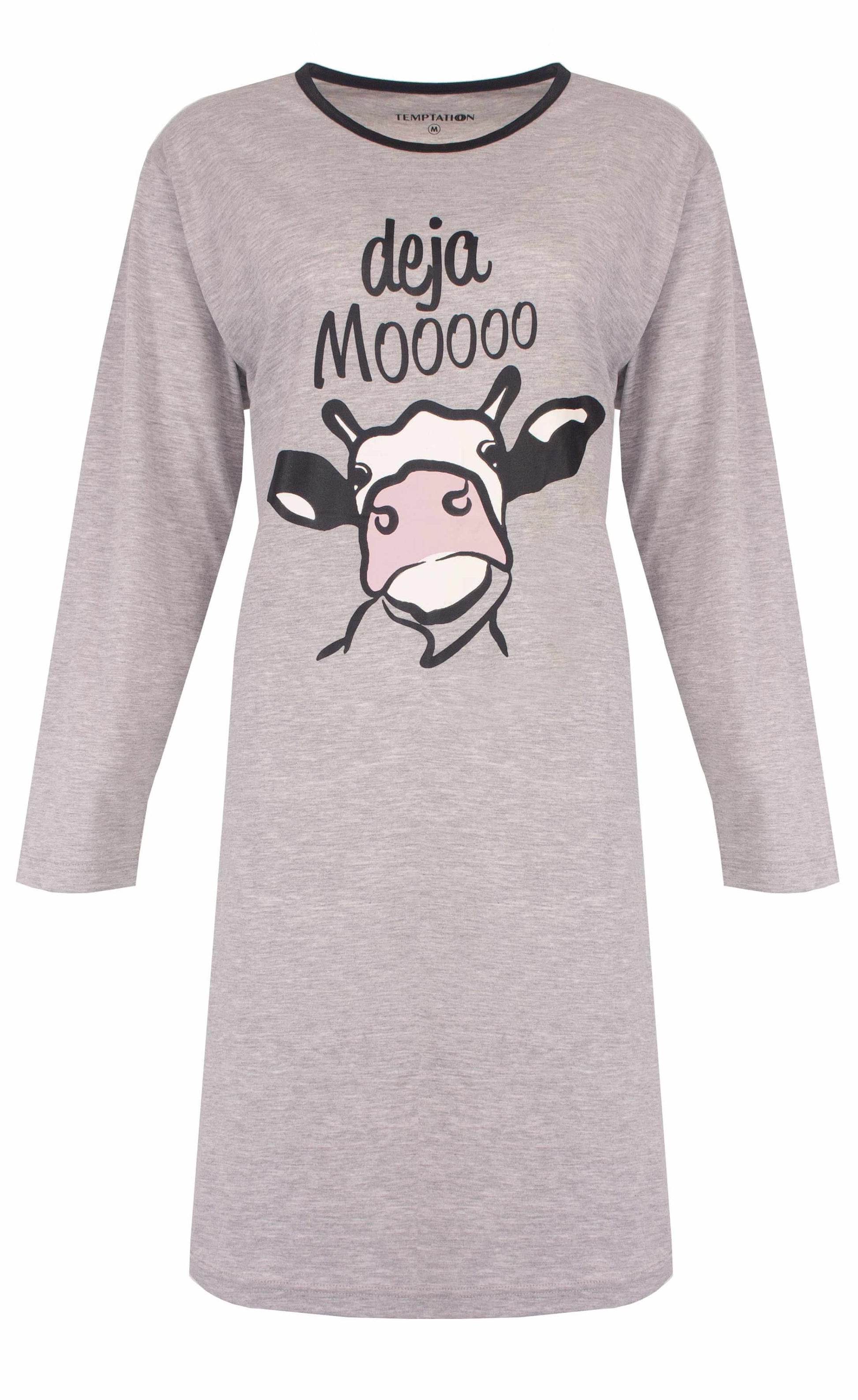 Grijs melange nachthemd met lange mouwen, koeienprint en tekst 'deja Mooooo' op de voorkant