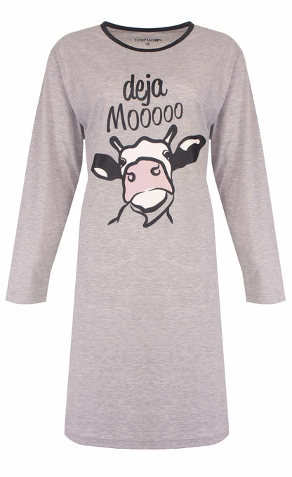 Grijs melange nachthemd met lange mouwen, koeienprint en tekst 'deja Mooooo' op de voorkant