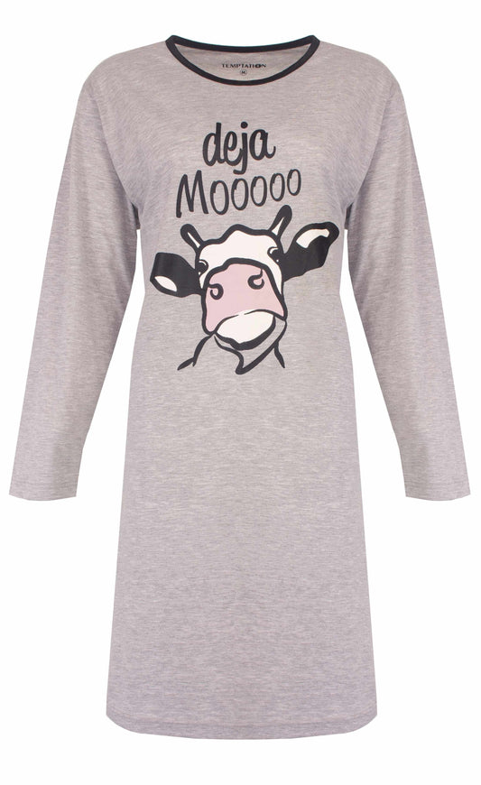 Grijs melange nachthemd met lange mouwen, koeienprint en tekst 'deja Mooooo' op de voorkant