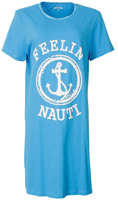 Lichtblauw nachthemd met 'Feelin Nauti' tekst en anker logo, ronde hals en korte mouwen