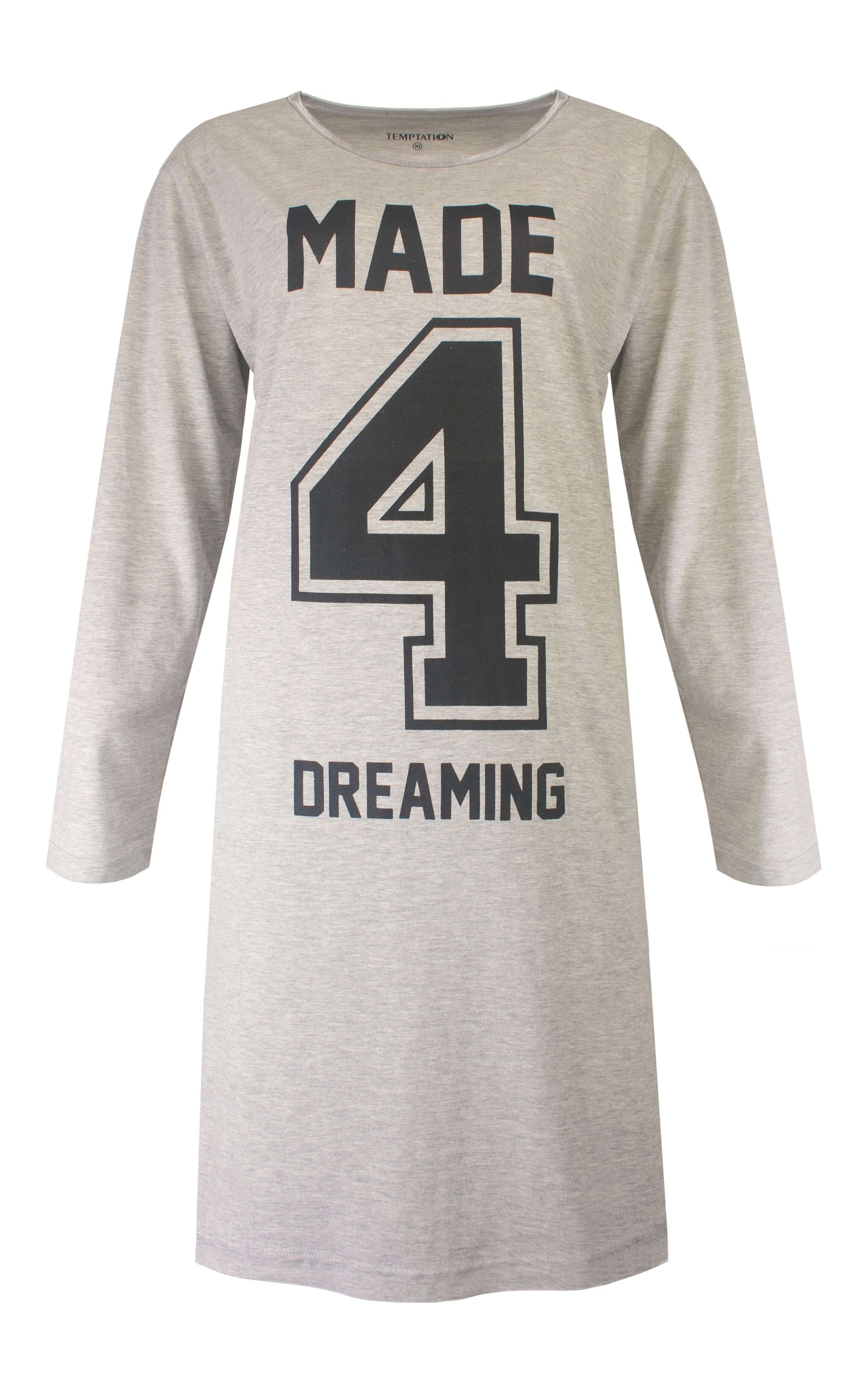 Grijs lang nachthemd met opdruk 'MADE 4 DREAMING' in zwarte letters, ronde hals en lange mouwen
