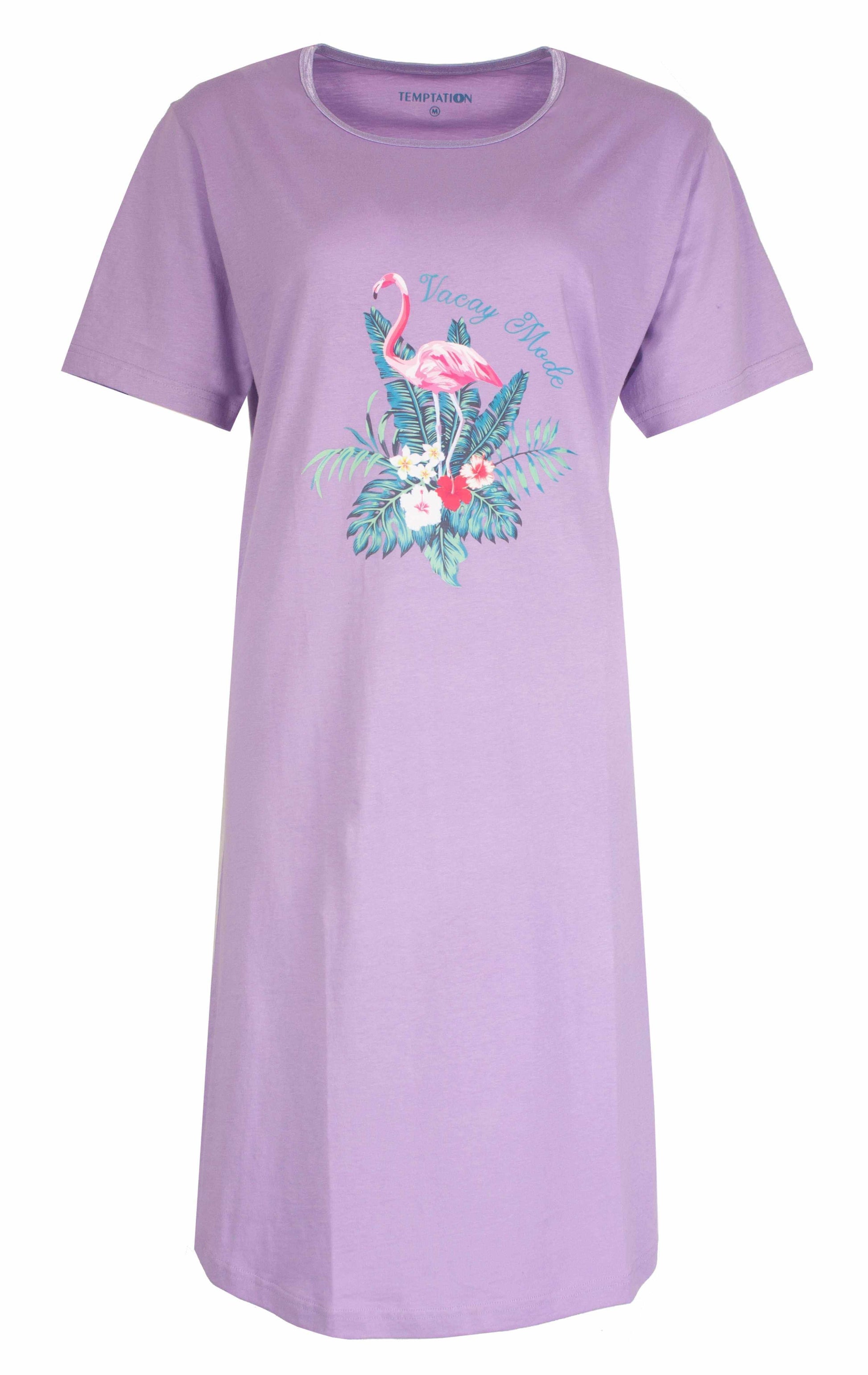 Lila nachthemd met korte mouwen, versierd met een flamingo en tropische bloemen op de voorkant
