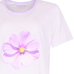Wit nachthemd met korte mouwen en een grote paarse bloem op de borst, ronde hals met satijnen bies.