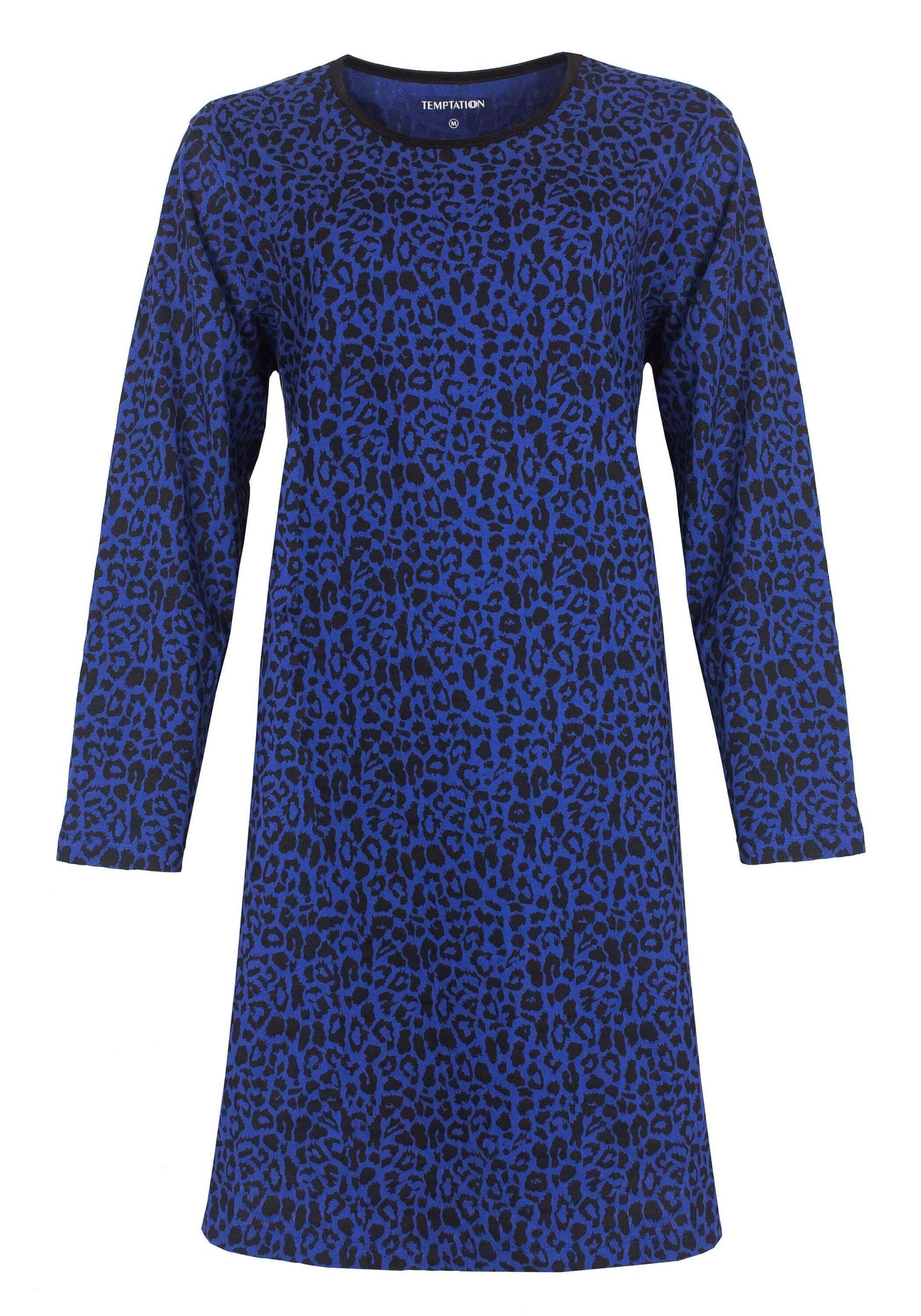 Blauw nachthemd met zwart panterprint, lange mouwen en ronde hals, gemaakt van jersey katoen