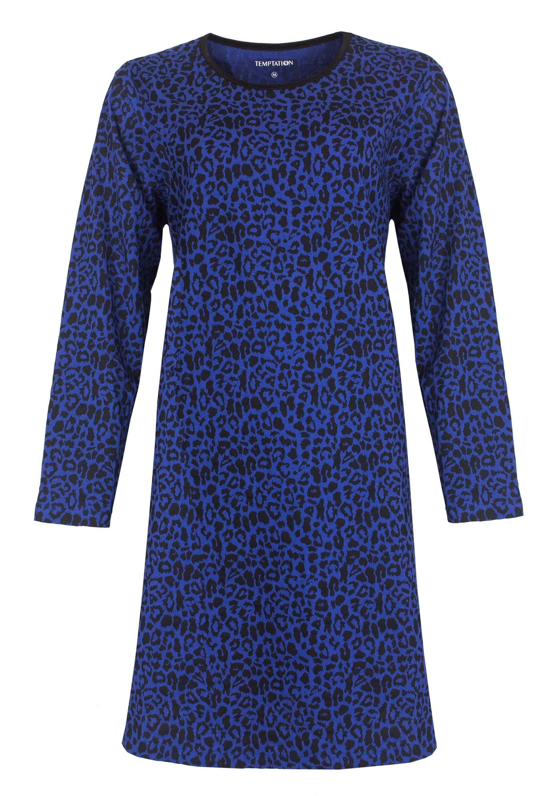 Blauw nachthemd met zwart panterprint, lange mouwen en ronde hals, gemaakt van jersey katoen