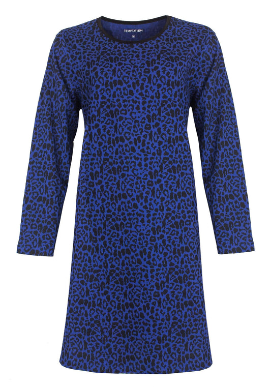 Blauw nachthemd met zwart panterprint, lange mouwen en ronde hals, gemaakt van jersey katoen