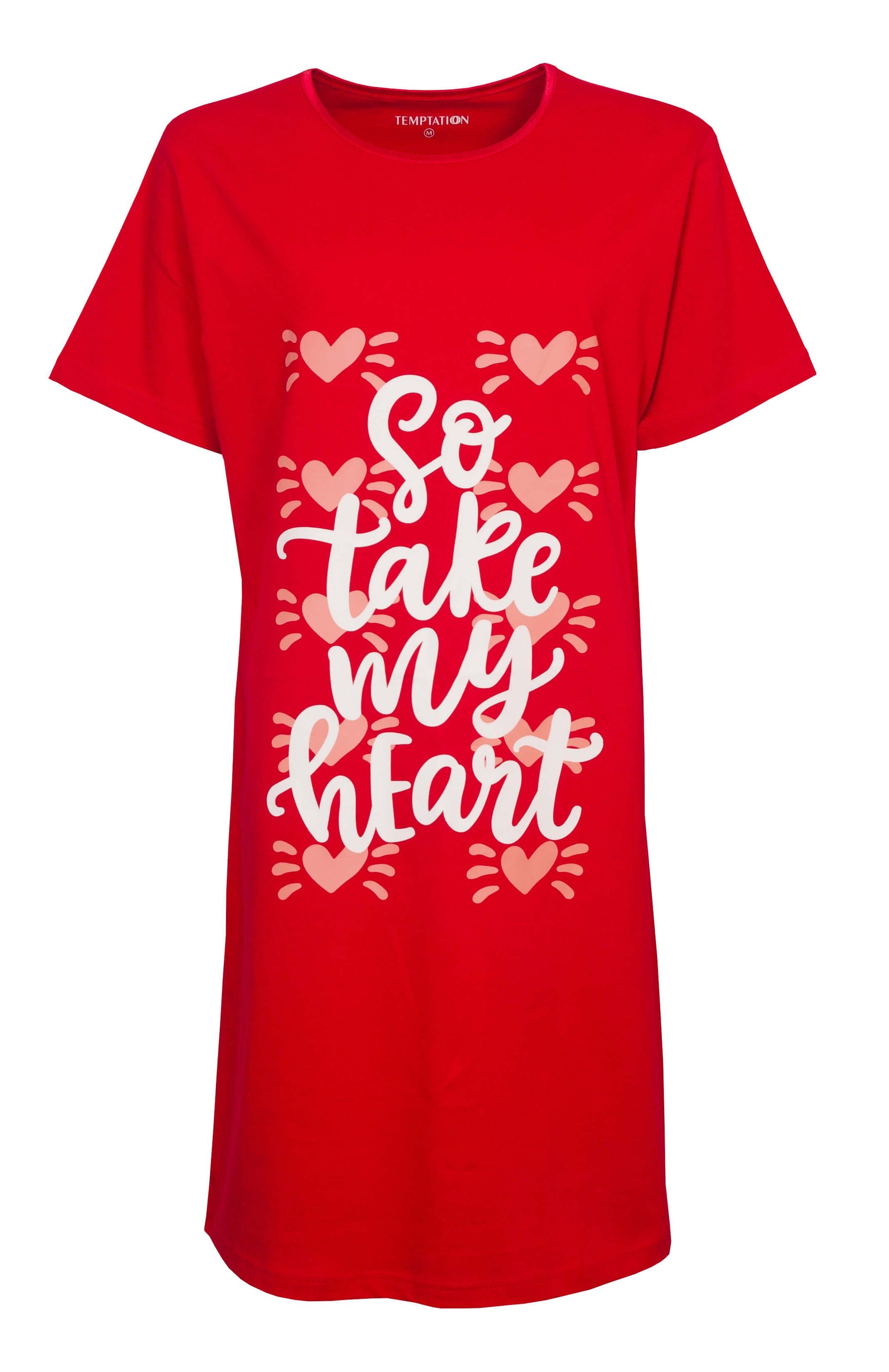 Rood nachthemd met witte tekst 'So take my heart' en roze hartjes, merk Temptation