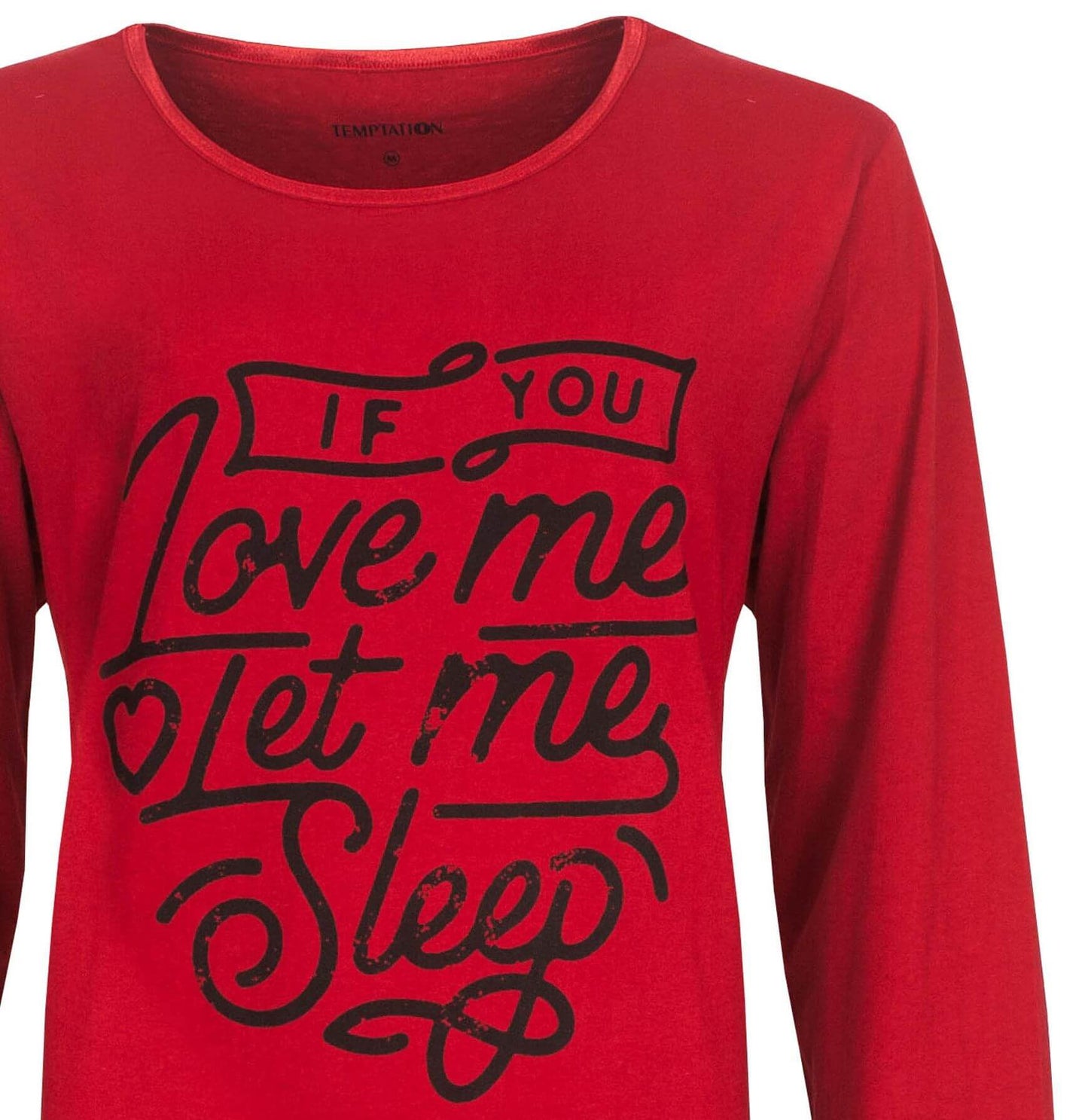 Rood nachthemd met lange mouwen en zwarte tekst 'If you love me let me sleep' op de voorkant