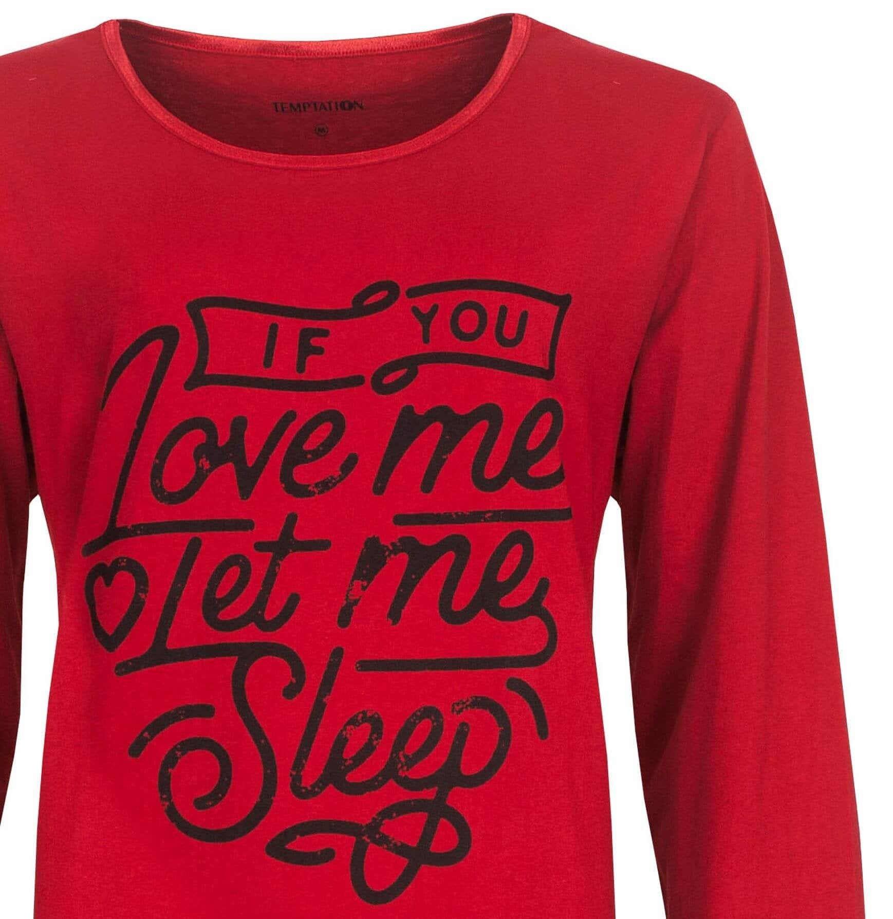 Rood nachthemd met lange mouwen en zwarte tekst 'If you love me let me sleep' op de voorkant