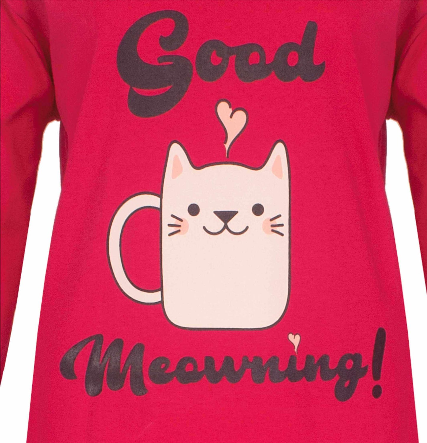 Rood nachthemd met opdruk 'Good Meowning!' en een schattige kattenmok illustratie