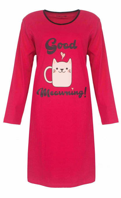 Rood nachthemd met lange mouwen, opdruk 'Good Meowning!' en schattige kattenmok illustratie