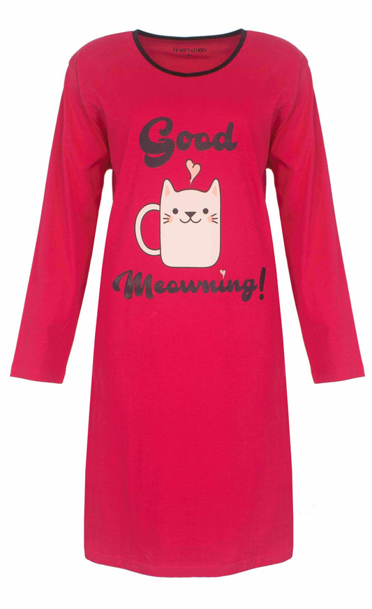 Rood nachthemd met lange mouwen, opdruk 'Good Meowning!' en schattige kattenmok illustratie