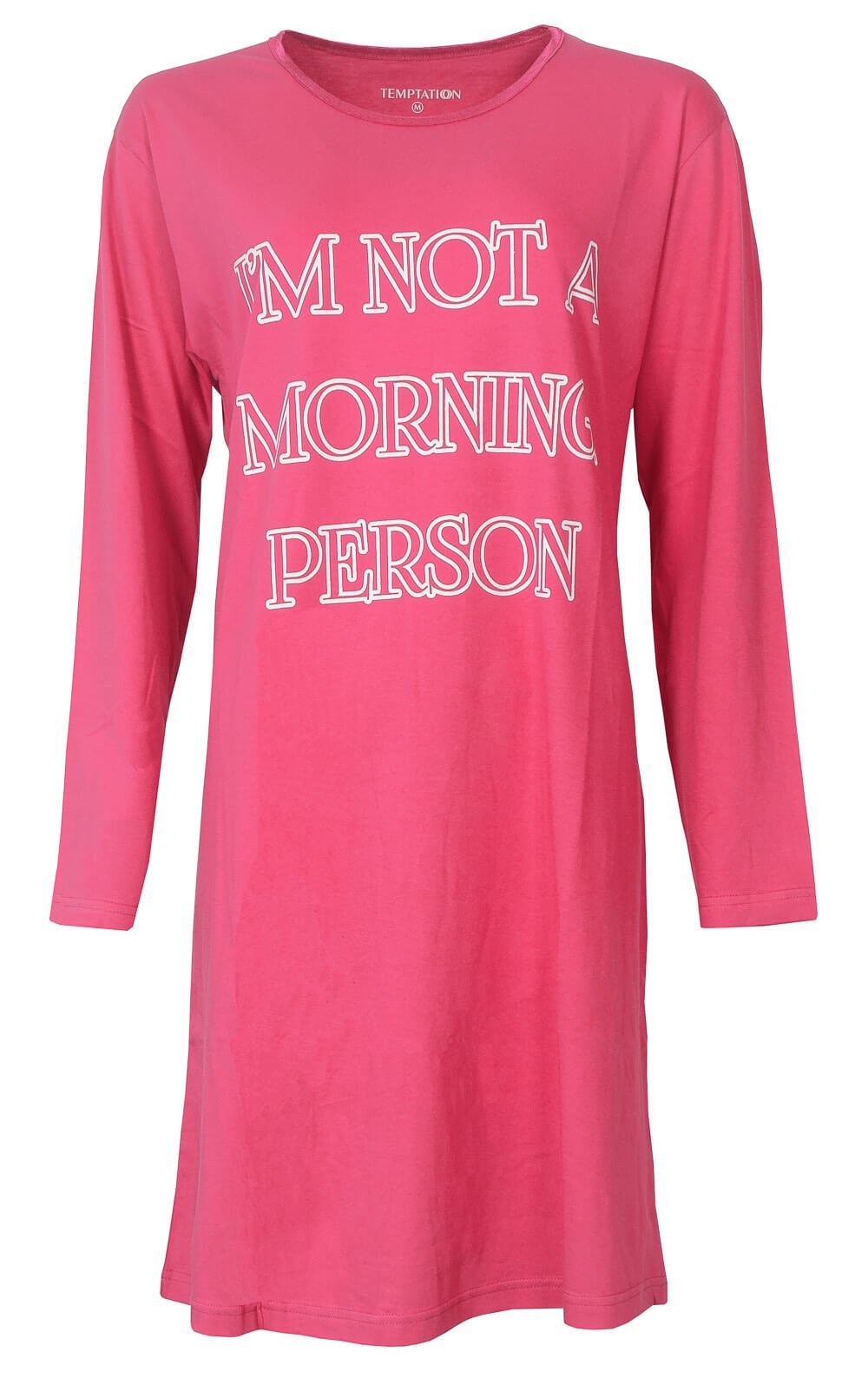 Roze nachthemd met lange mouwen en opdruk 'I'M NOT A MORNING PERSON' in witte letters op de voorkant