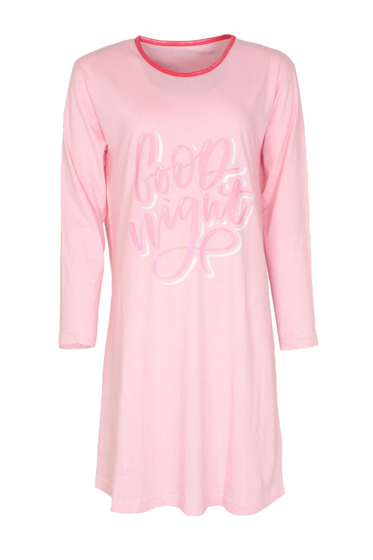 Roze nachthemd met lange mouwen en 'Goodst, ronde hals met contrasterende bies, gemaakt van katoen jersey