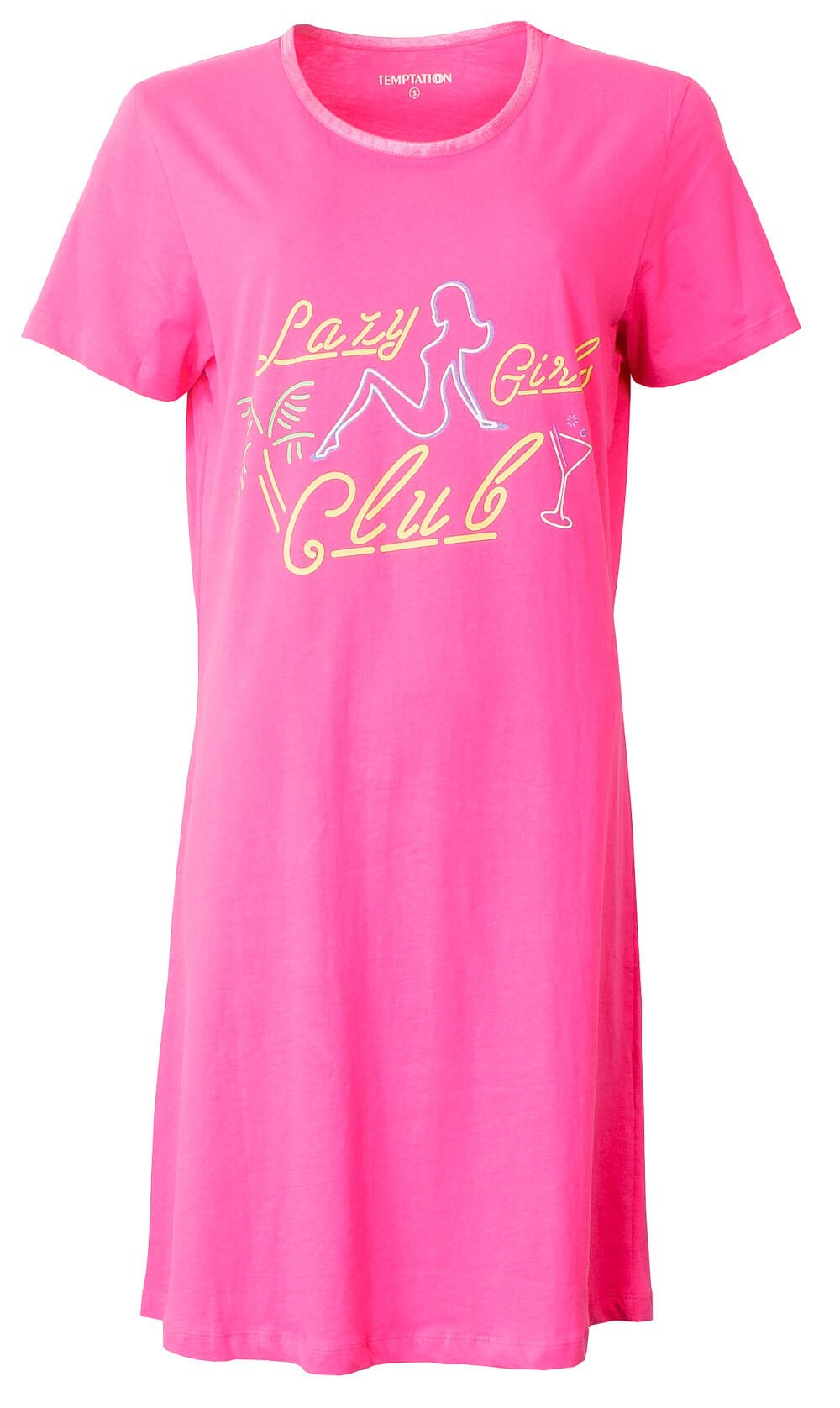 Roze nachthemd met 'Lazy Girl Club' opdruk, ronde hals, korte mouwen en een losvallend ontwerp.