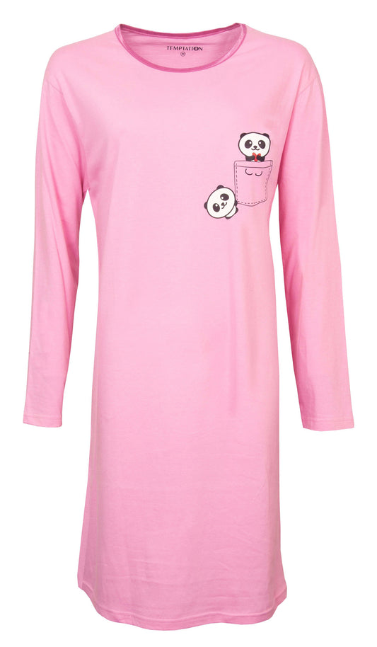 Roze nachthemd met lange mouwen, versierd met schattige panda-afbeeldingen op de borst