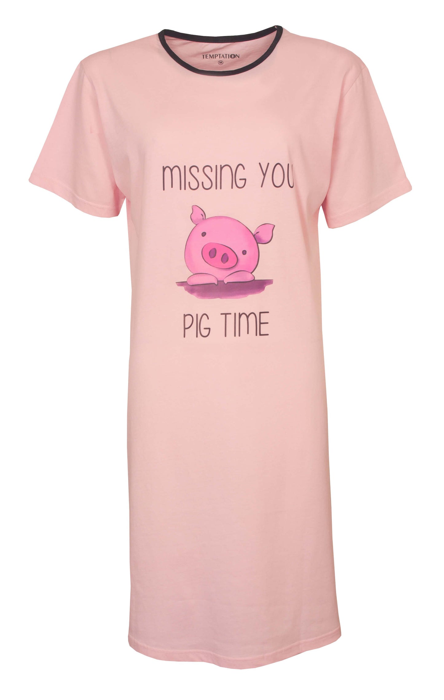 Roze nachthemd met 'Missing You Pig Time' tekst en schattige varkentje afbeelding, korte mouwen en ronde hals