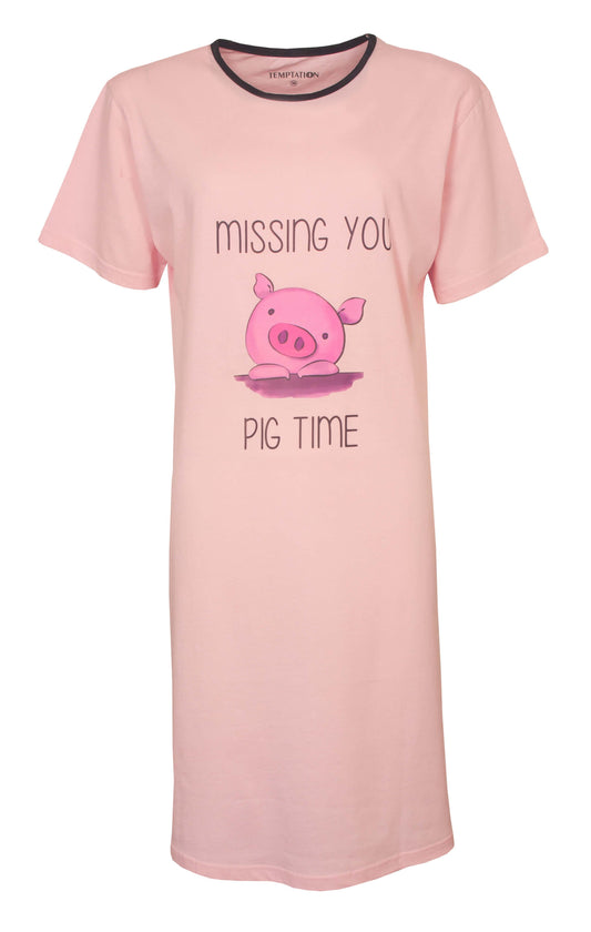 Roze nachthemd met 'Missing You Pig Time' tekst en schattige varkentje afbeelding, korte mouwen en ronde hals