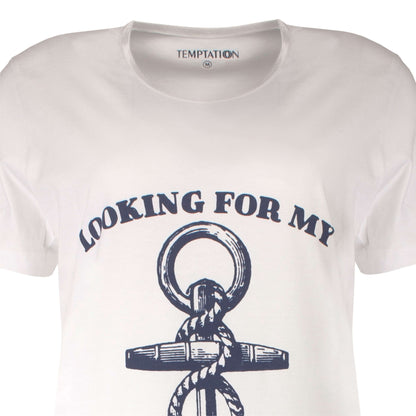 Wit nachthemd met korte mouwen en ronde hals, bedrukt met een anker en de tekst 'Looking for my captain'