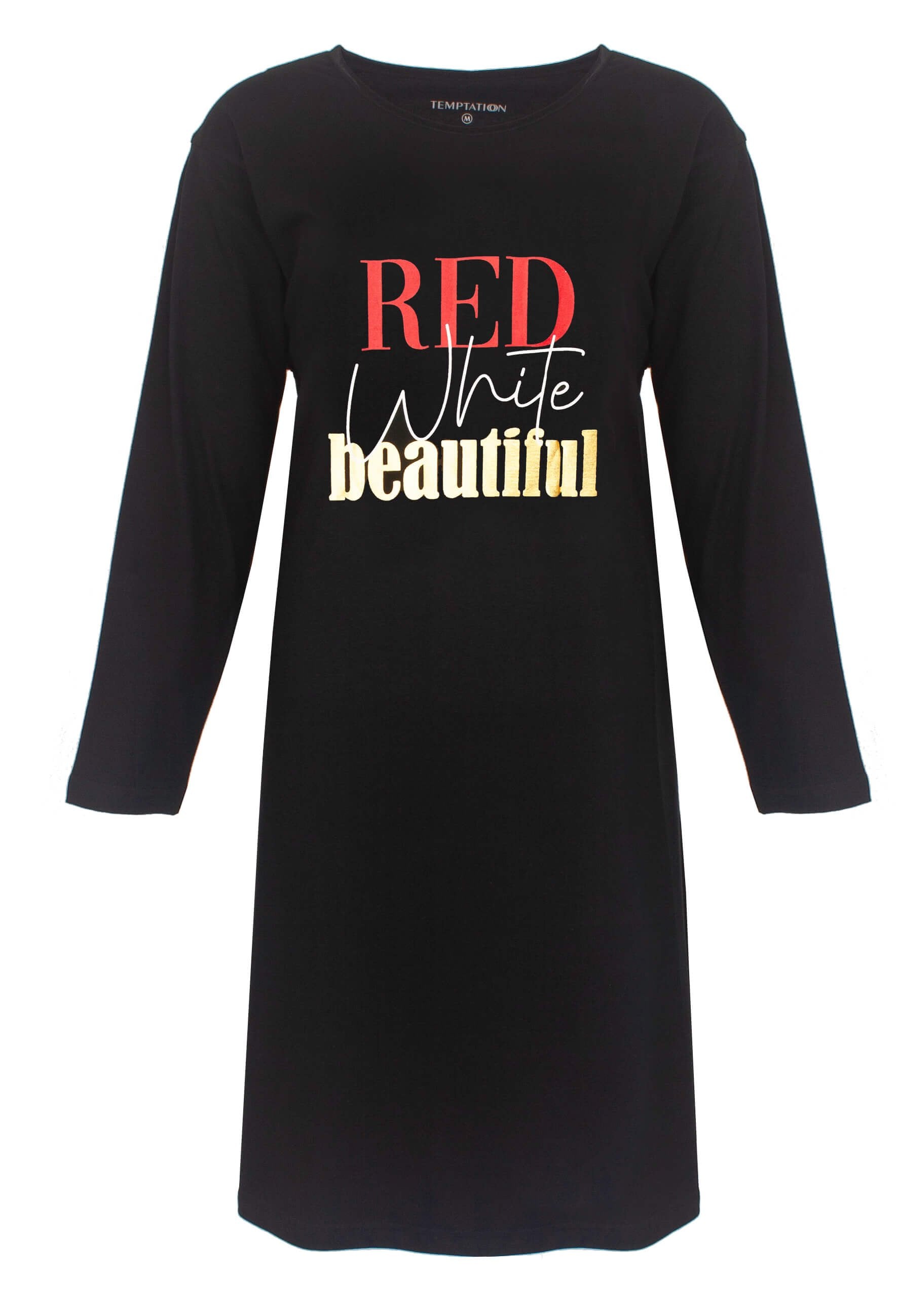 Zwart nachthemd met lange mouwen en 'Red White beautiful' tekst in rood en wit op de voorkant