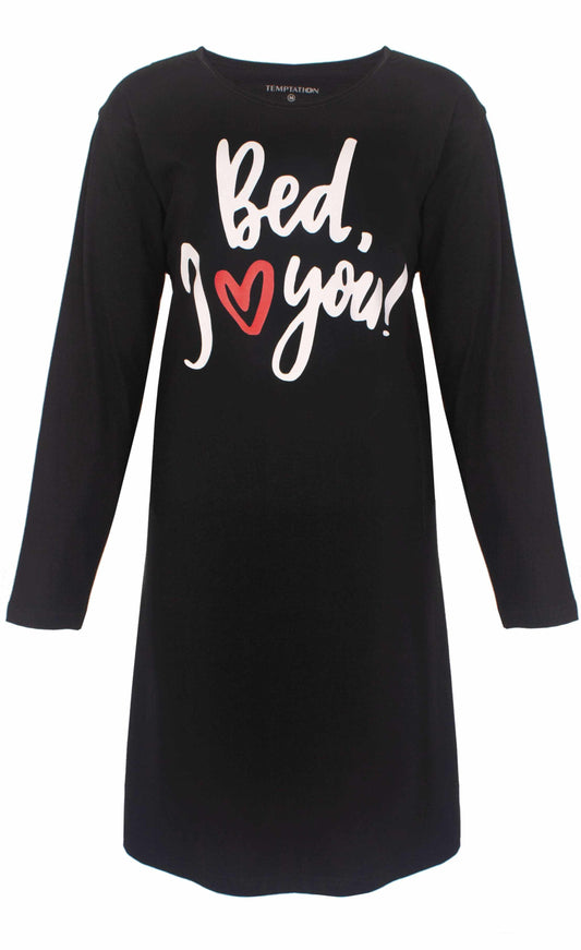 Zwart nachthemd met lange mouwen en 'Bed, I love you!' opdruk in witte en rode letters
