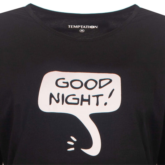 Zwart nachthemd met lange mouwen, 'Good Night!' tekst in witte tekstballon op de voorkant
