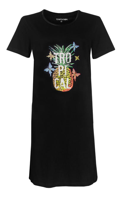 Zwart nachthemd met kleurrijke ananas print en vlinders, korte mouwen, ronde hals met glanzend biesje