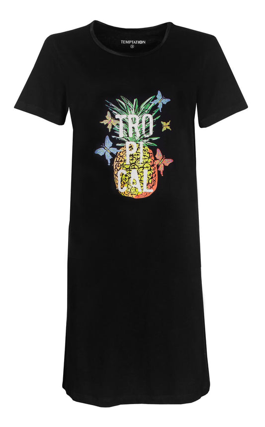 Zwart nachthemd met kleurrijke ananas print en vlinders, korte mouwen, ronde hals met glanzend biesje