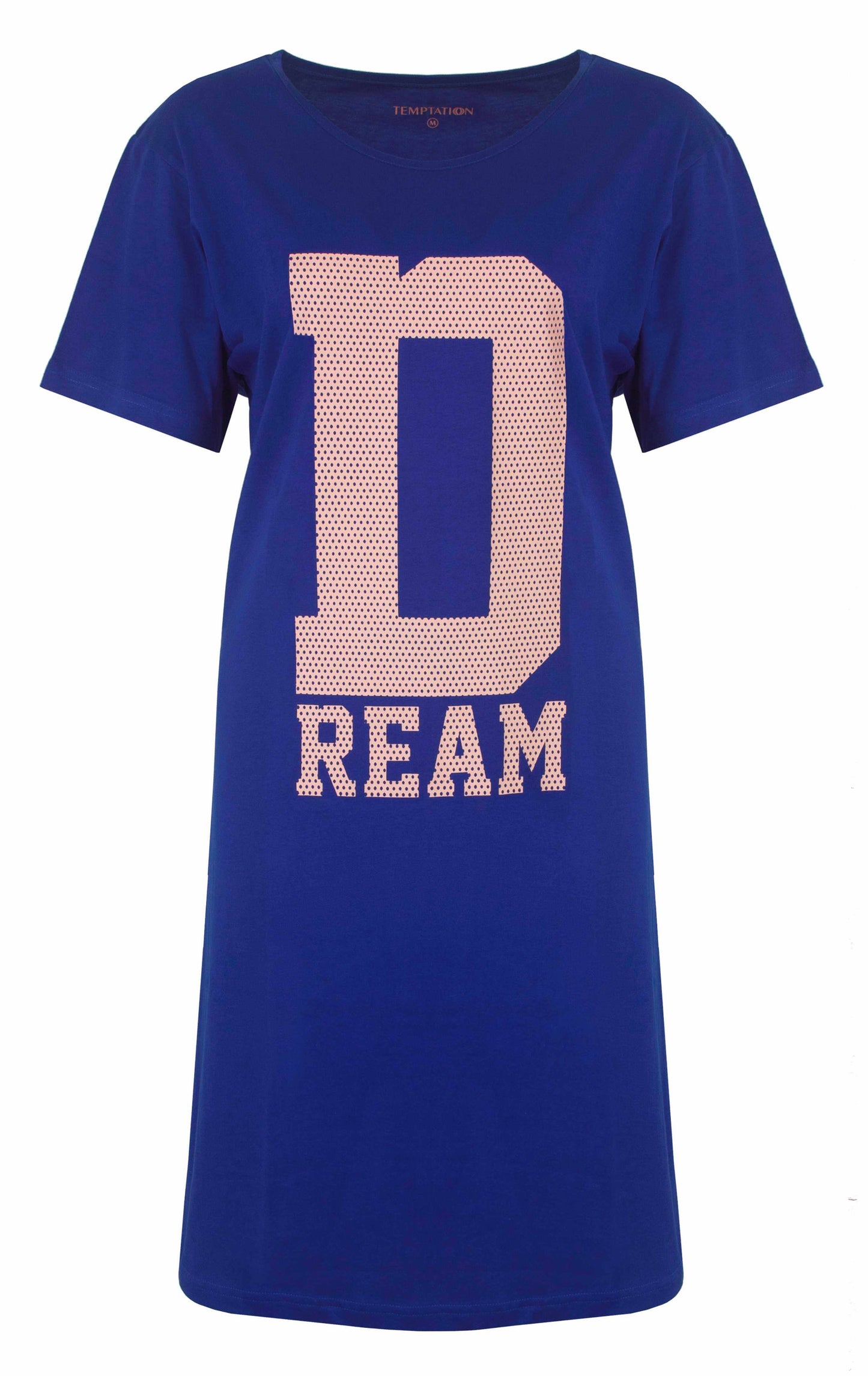 Blauw nachthemd met korte mouwen en grote 'DREAM' opdruk in roze gestippelde letters