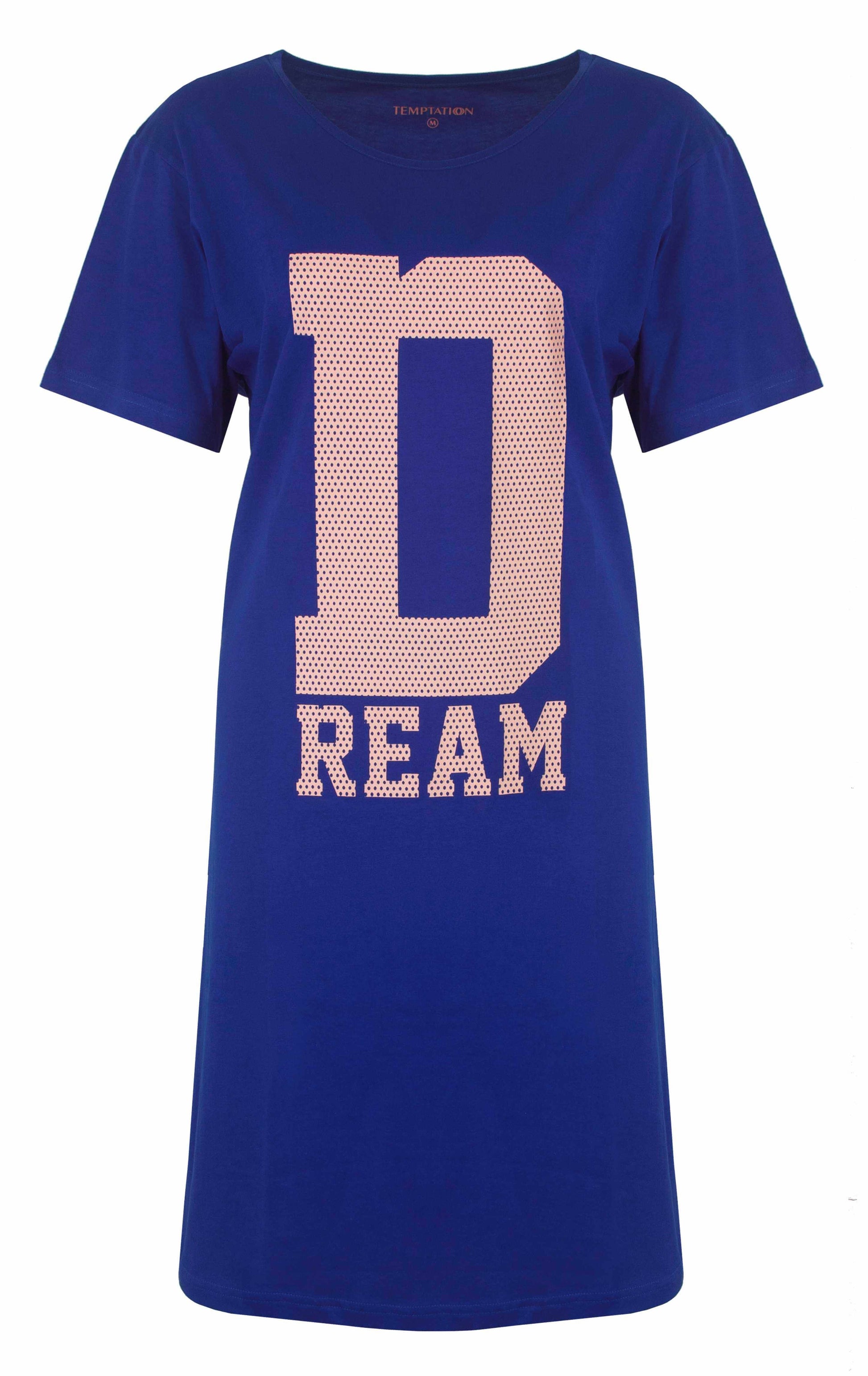 Blauw nachthemd met korte mouwen en grote 'DREAM' opdruk in roze gestippelde letters