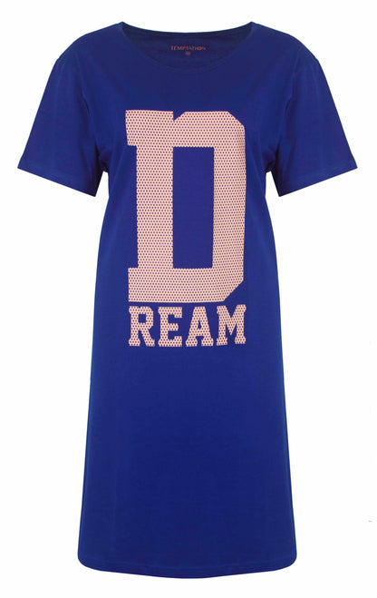 Blauw nachthemd met korte mouwen en grote 'DREAM' opdruk in roze gestippelde letters