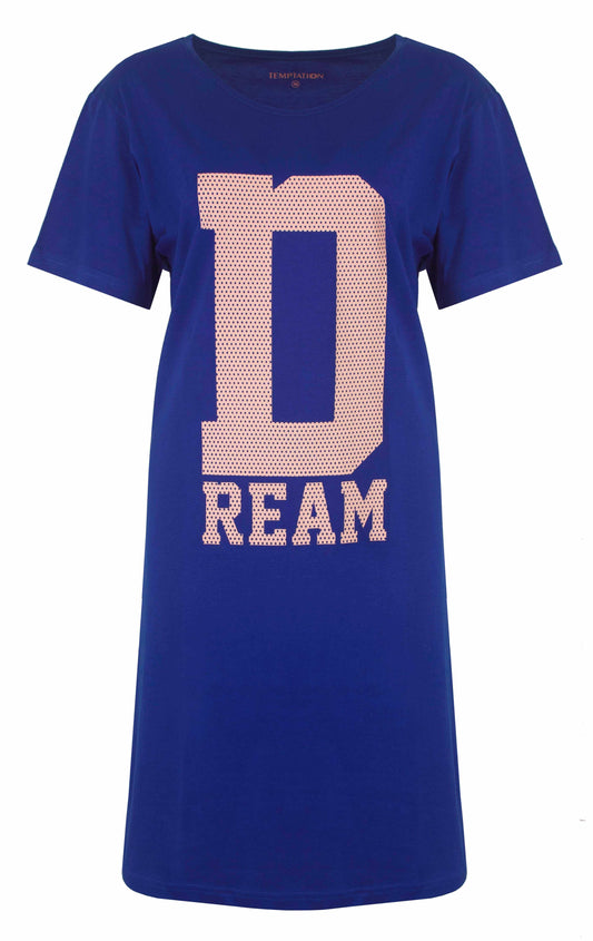 Blauw nachthemd met korte mouwen en grote 'DREAM' opdruk in roze gestippelde letters