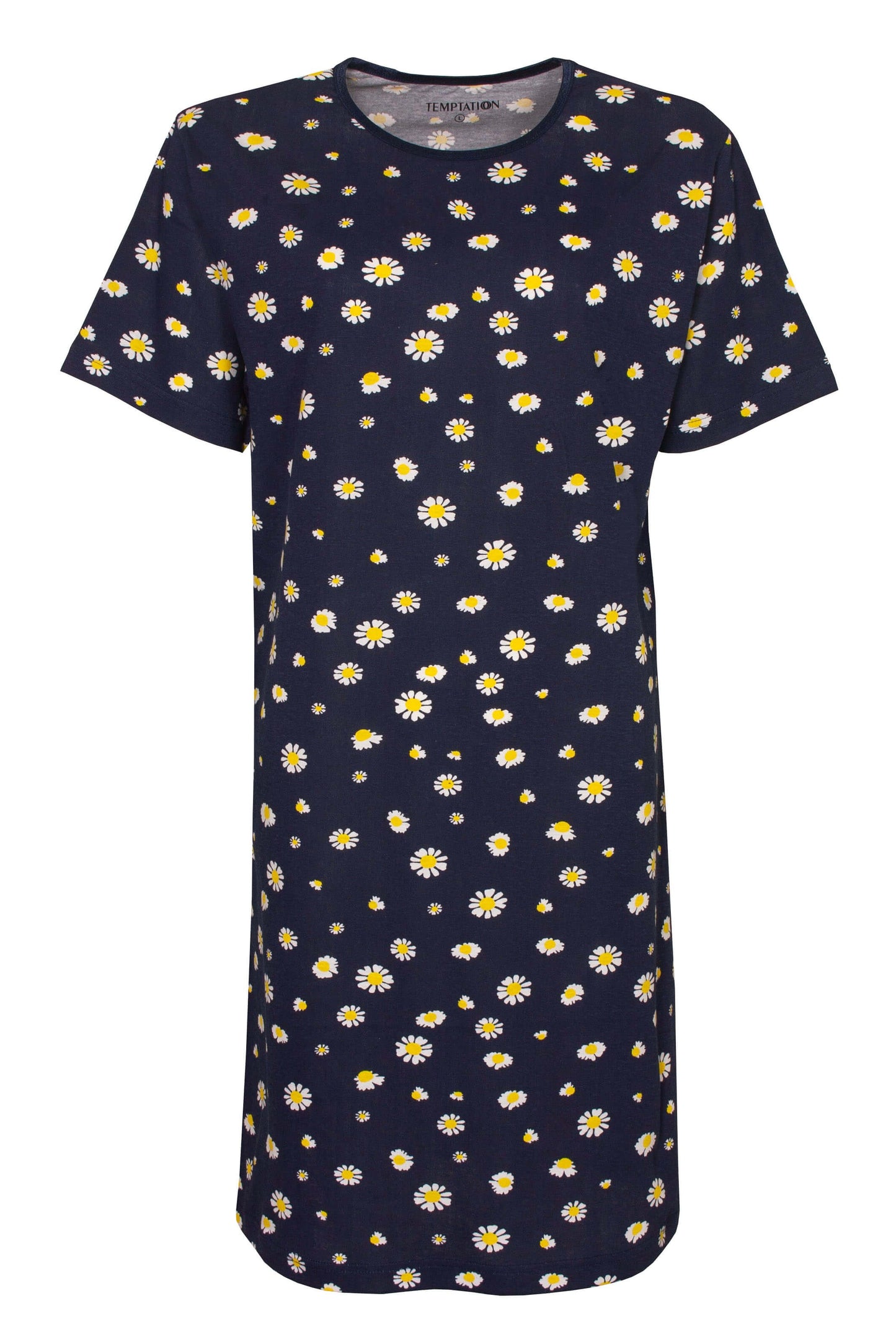 Blauw nachthemd met korte mouwen en allover print van witte madeliefjes met gele hartjes
