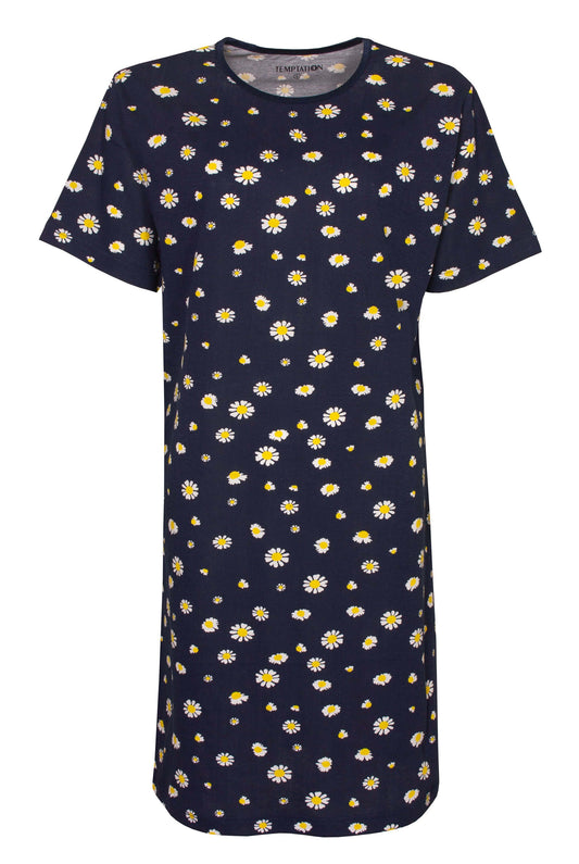 Blauw nachthemd met korte mouwen en allover print van witte madeliefjes met gele hartjes