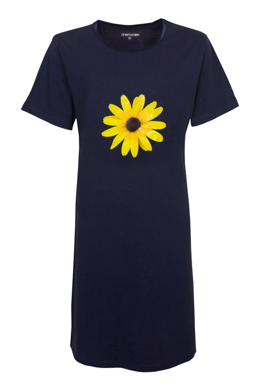 Blauw dmd met korte mouwen en een grote gele zonnebloem print op de borst, gemaakt van katoen jersey.