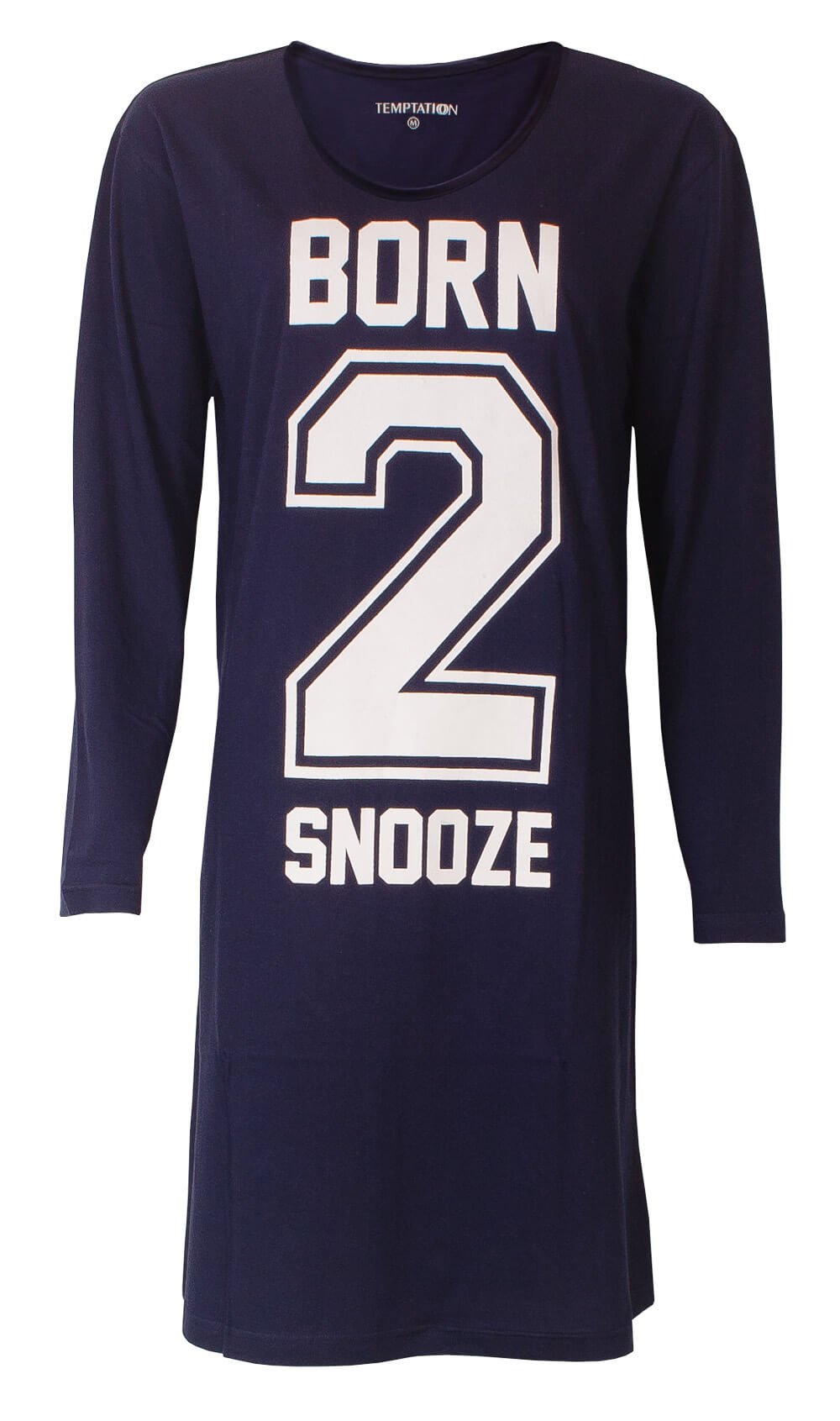 Blauw lang nachthemd met 'Born 2 Snooze' opdruk, ronde hals en lange mouwen van het merk Temptation.