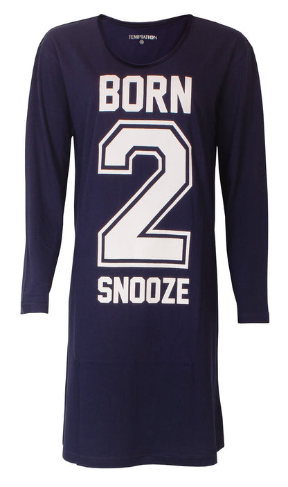 Blauw lang nachthemd met 'Born 2 Snooze' opdruk, ronde hals en lange mouwen van het merk Temptation.