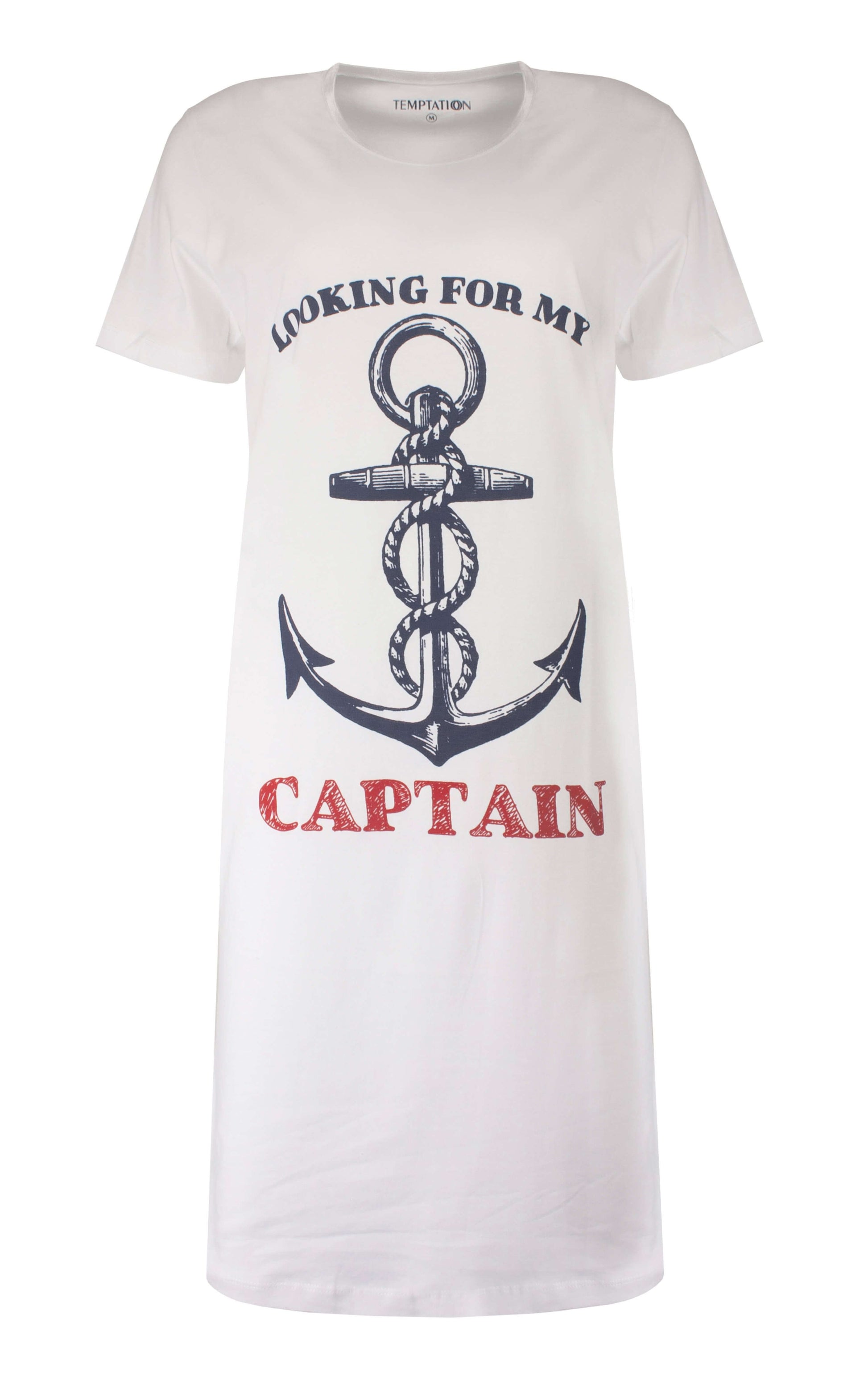 Wit nachthemd met korte mouwen, ronde hals en grote ankerprint met tekst 'Looking for my Captain'