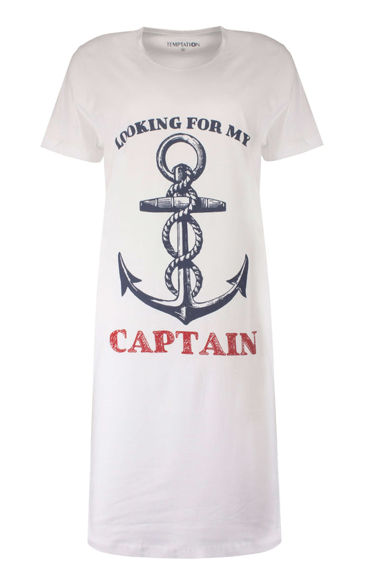 Wit nachthemd met korte mouwen, ronde hals en grote ankerprint met tekst 'Looking for my Captain'