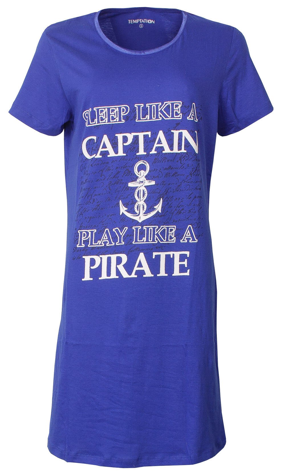 Blauw nachthemd met opdruk 'Sleep like a Captain, Play like a Pirate' en anker-afbeelding in het midden.