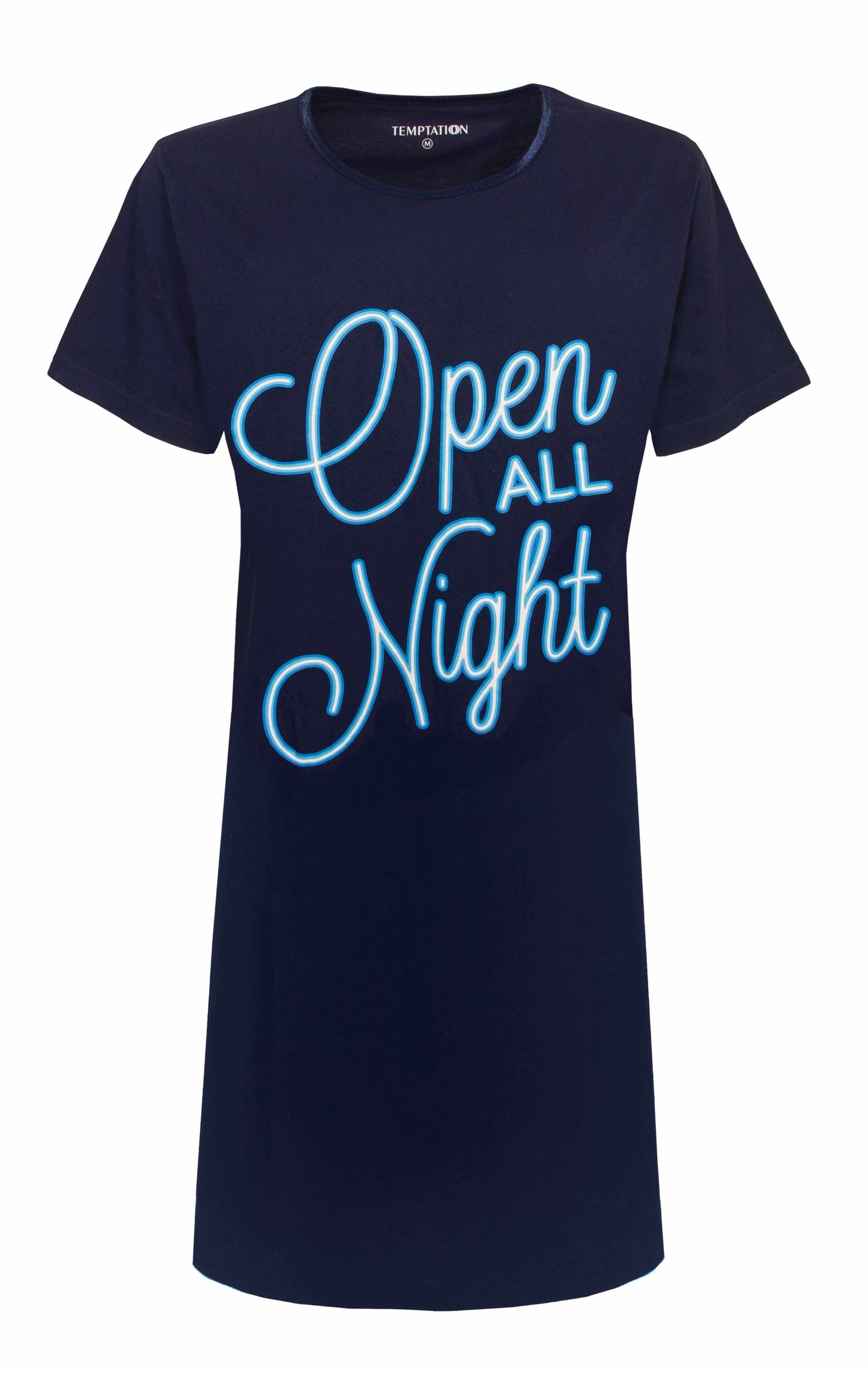 Donkerblauw nachthemd met korte mouwen en 'Open ALL Night' in blauwe letters op de voorkant