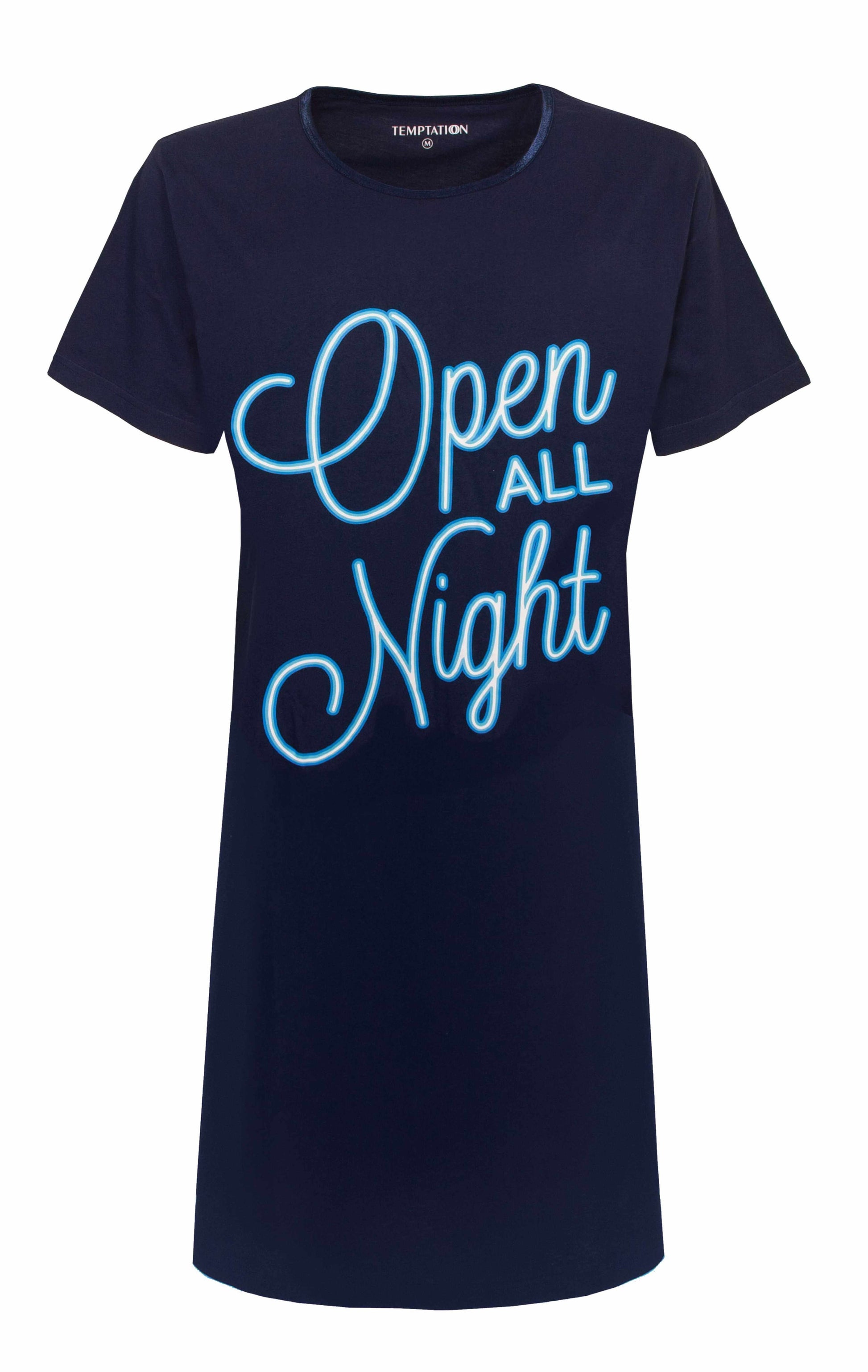 Donkerblauw nachthemd met korte mouwen en 'Open ALL Night' in blauwe letters op de voorkant
