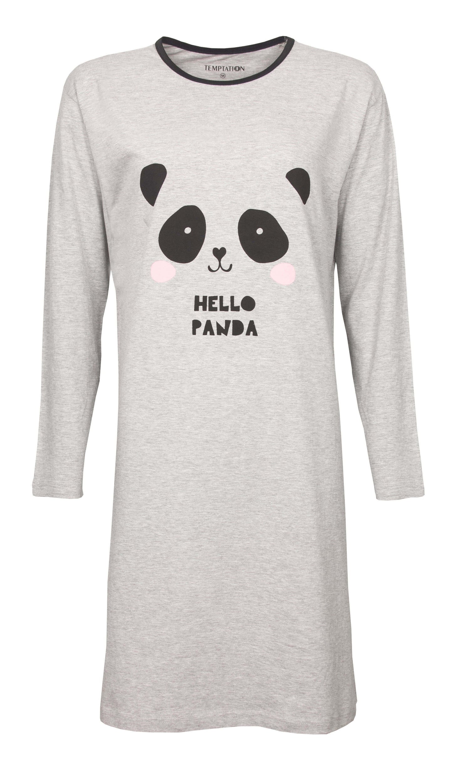 Grijs dames nachthemd met lange mouwen en Hello Panda print, ronde hals met zwarte bies, merk Temptation